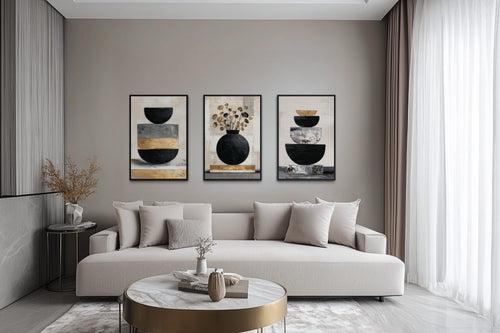 Boho Floral Wall Art Set of 3 – Modern Botanical Canvas Prints | Black Gold Vase