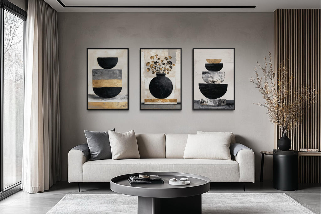 Boho Floral Wall Art Set of 3 – Modern Botanical Canvas Prints | Black Gold Vase