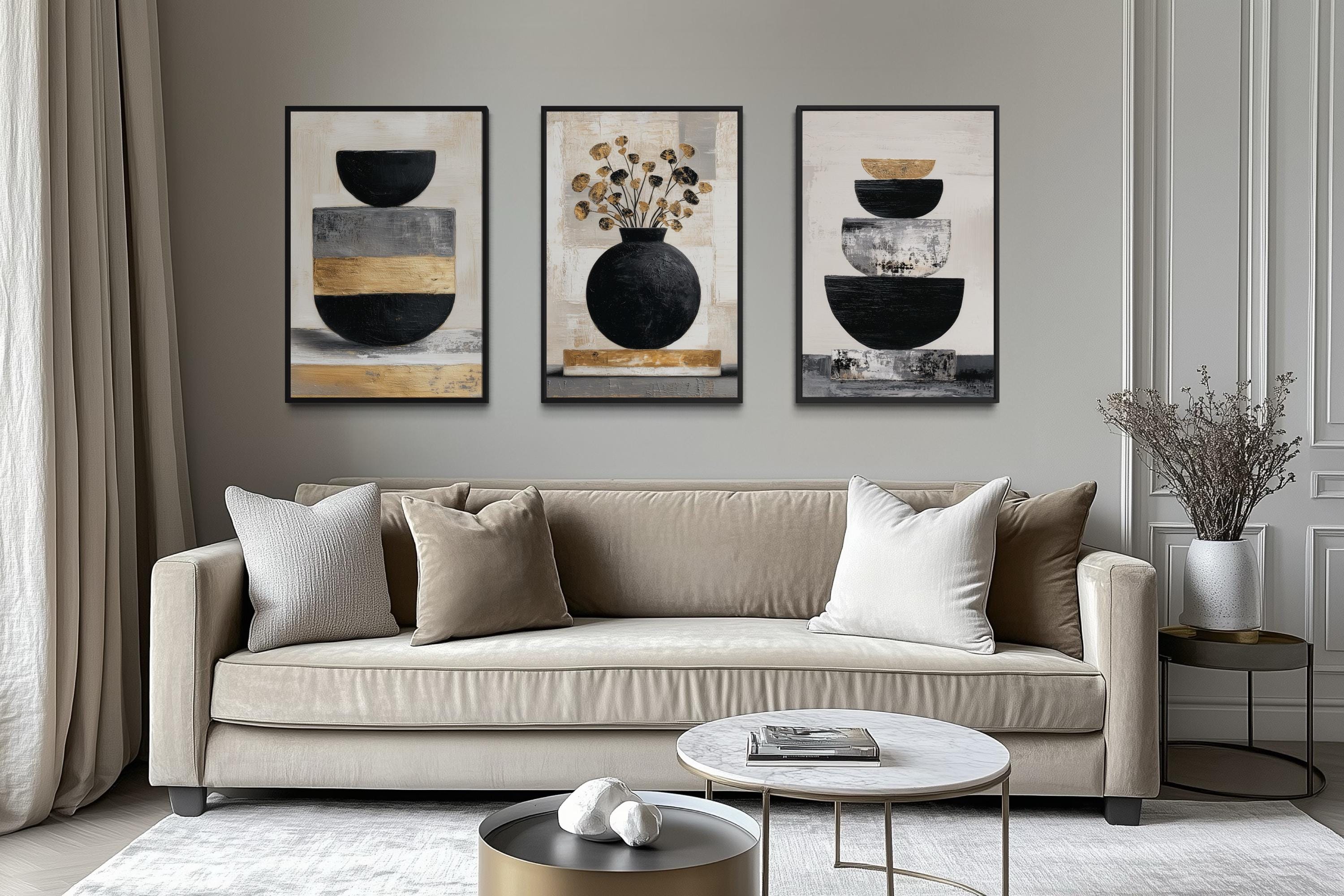 Boho Floral Wall Art Set of 3 – Modern Botanical Canvas Prints | Black Gold Vase