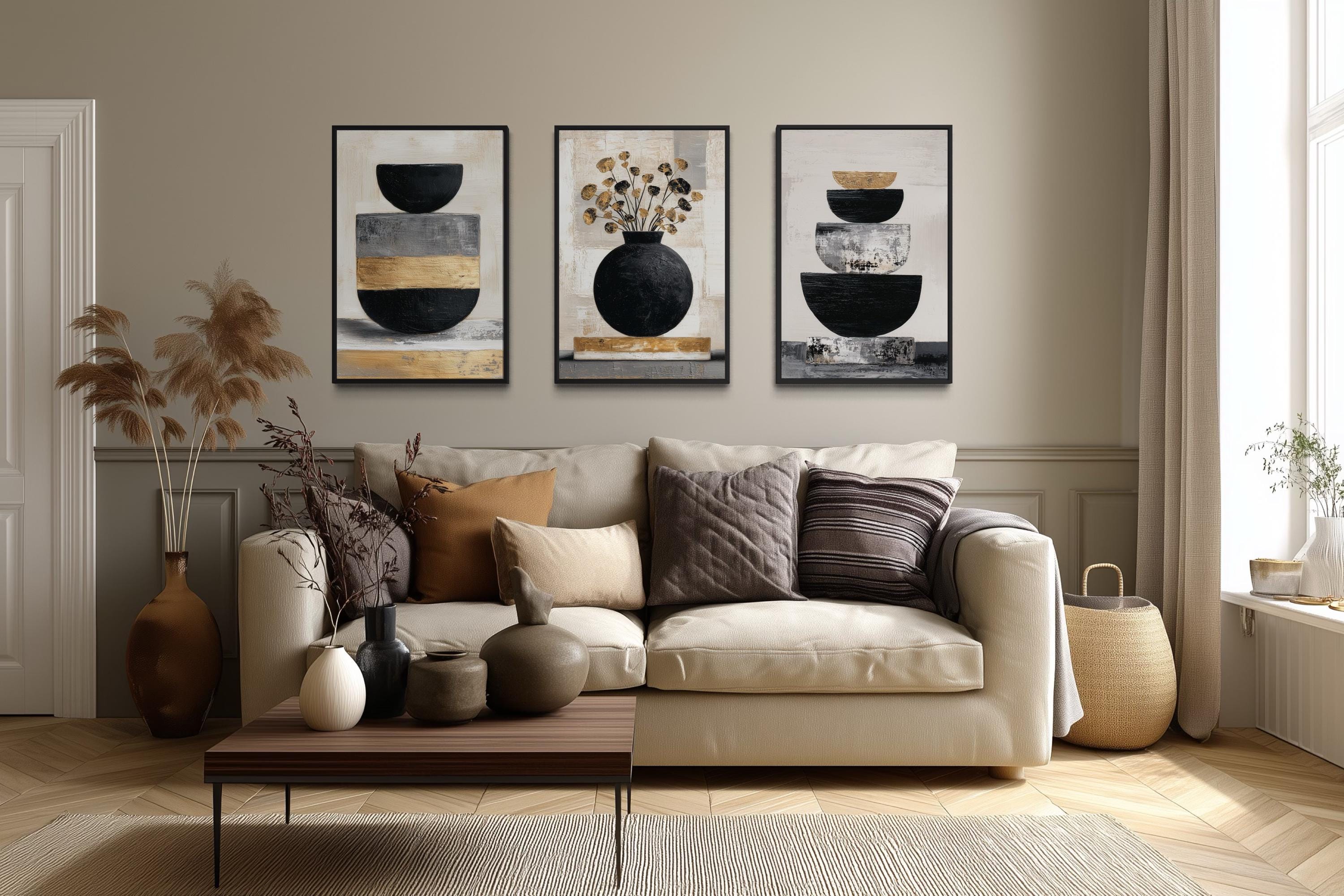 Boho Floral Wall Art Set of 3 – Modern Botanical Canvas Prints | Black Gold Vase