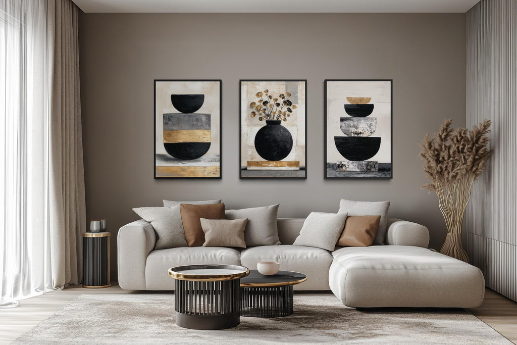 Boho Floral Wall Art Set of 3 – Modern Botanical Canvas Prints | Black Gold Vase