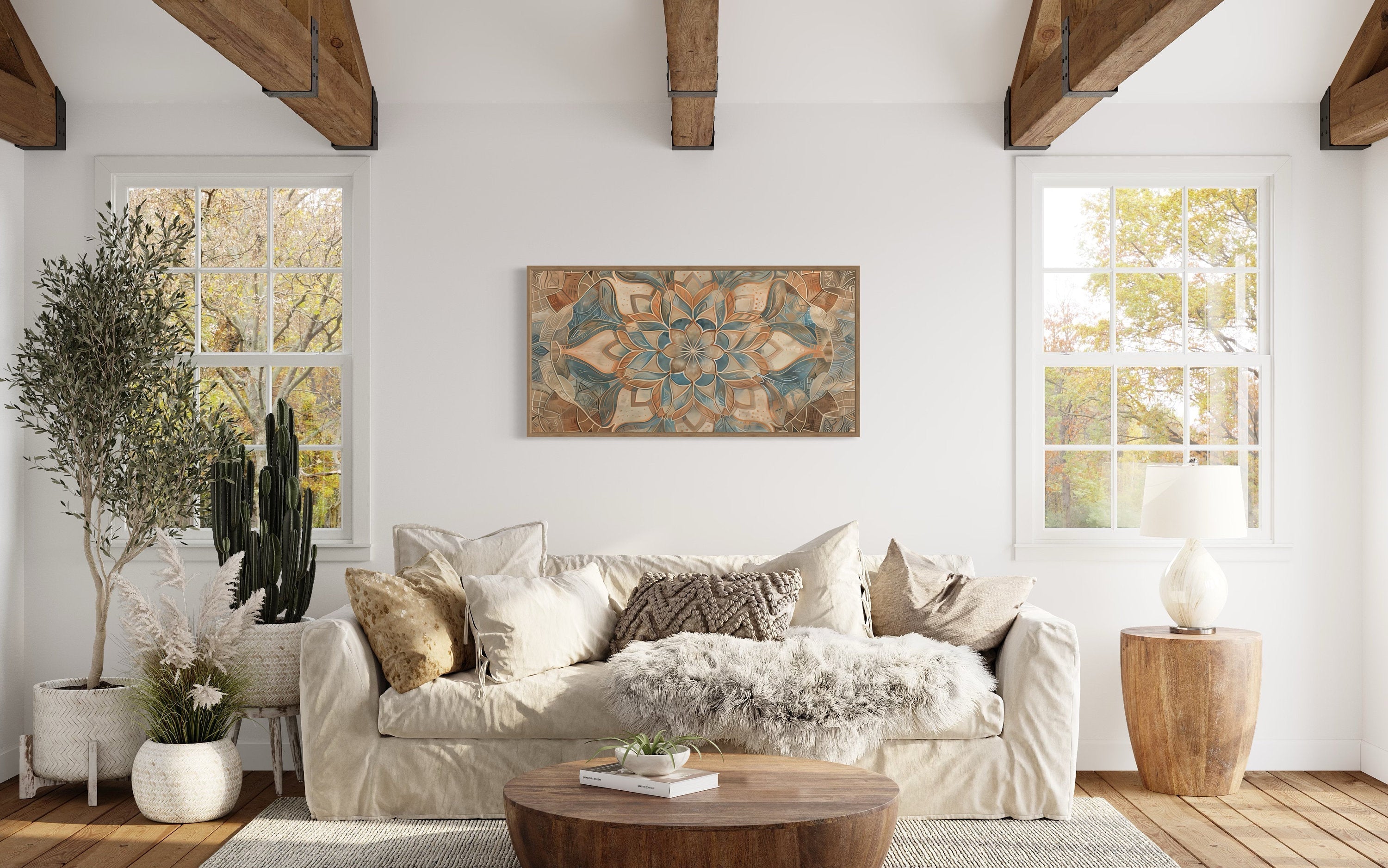 Boho Mandala Wall Art – Large Framed Canvas With Neutral Color Palette & Earth Tone Artwork