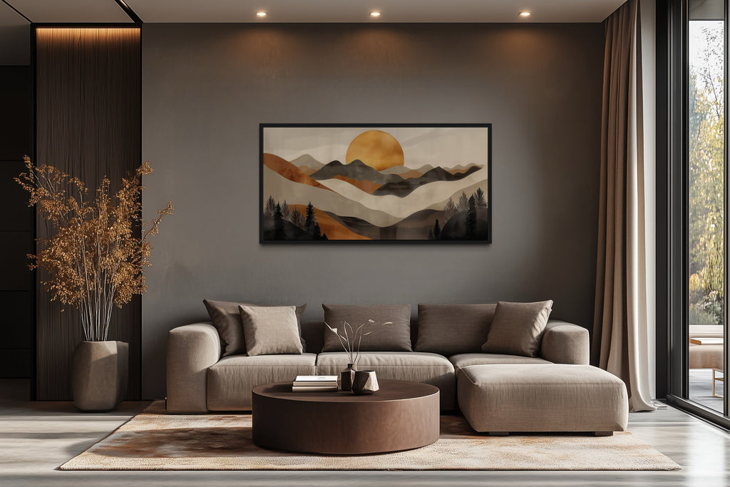 Boho Mountain And Sun Brown Beige Earth Tones Framed Canvas Wall Art