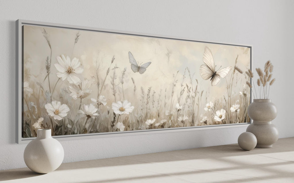 Boho Neutral Wildflowers And Butterflies Long Horizontal Canvas Wall Art