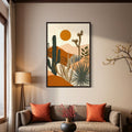 Boho Saguaro Cactus With Sun In The Desert Framed Canvas Wall Art