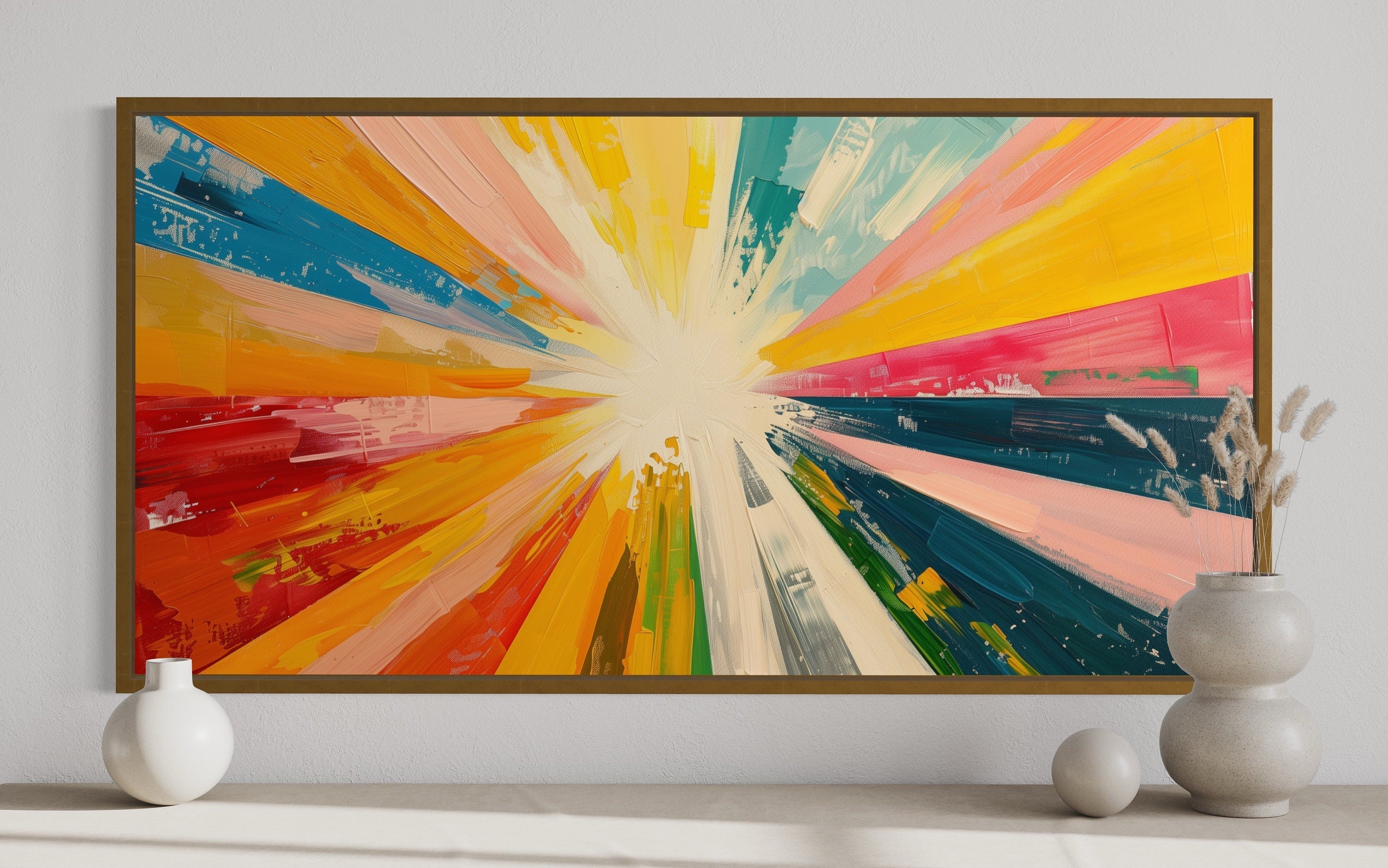 Boho Sun Rays Wall Art - Multicolored Framed Canvas Print for Living Room Decor