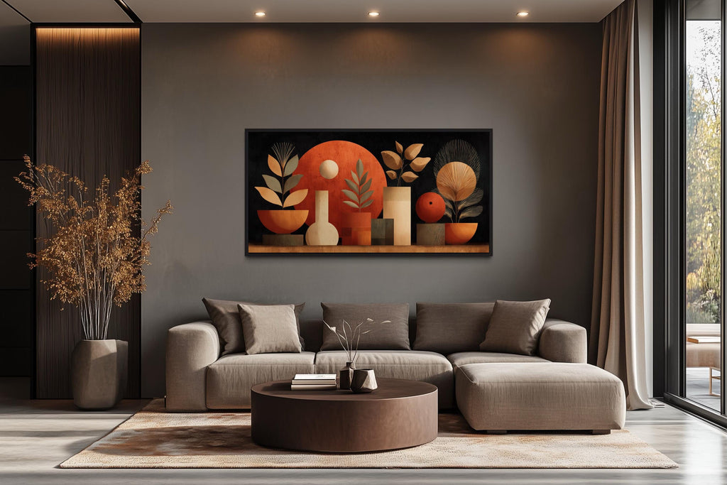 Boho Terracotta Wall Art - Abstract Canvas Print with Vases and Leaves for Neutral Decor