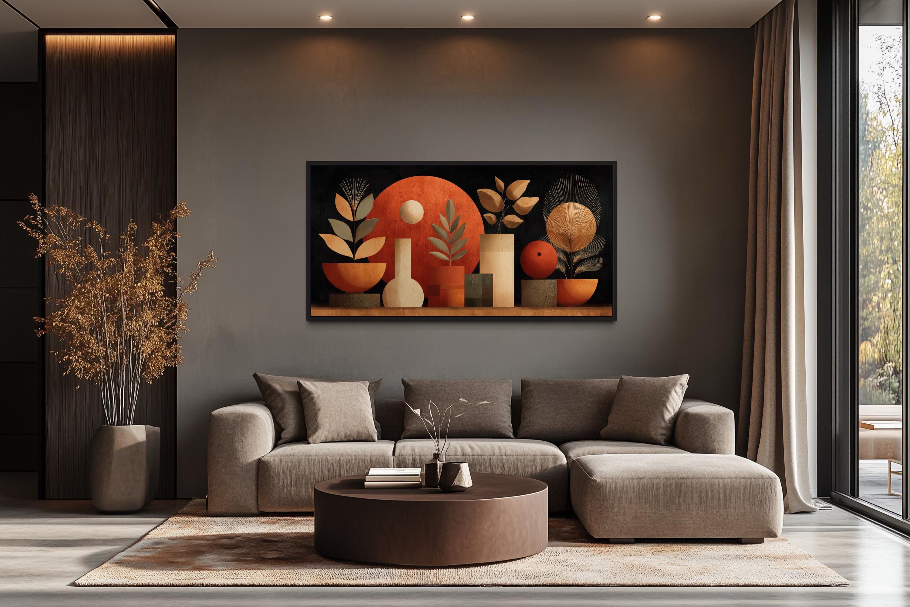 Boho Terracotta Wall Art - Abstract Canvas Print with Vases and Leaves for Neutral Decor
