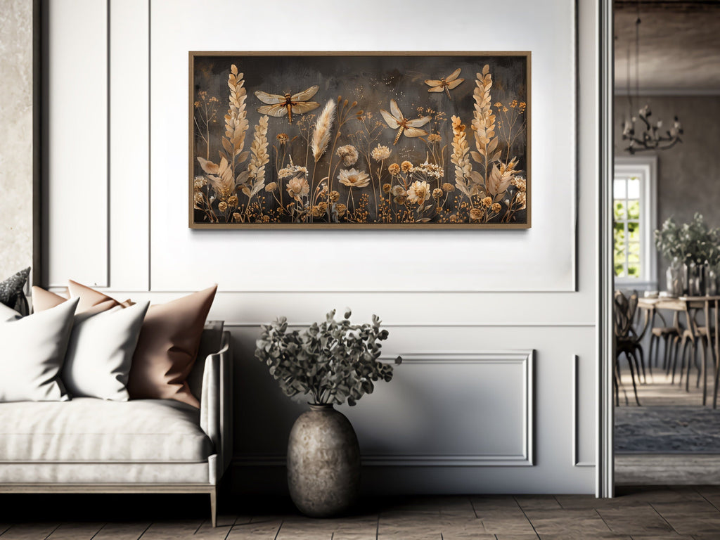 Boho Wall Art - Brown Beige Framed Canvas With Dragonfly Grass - Rustic Farmhouse Decor