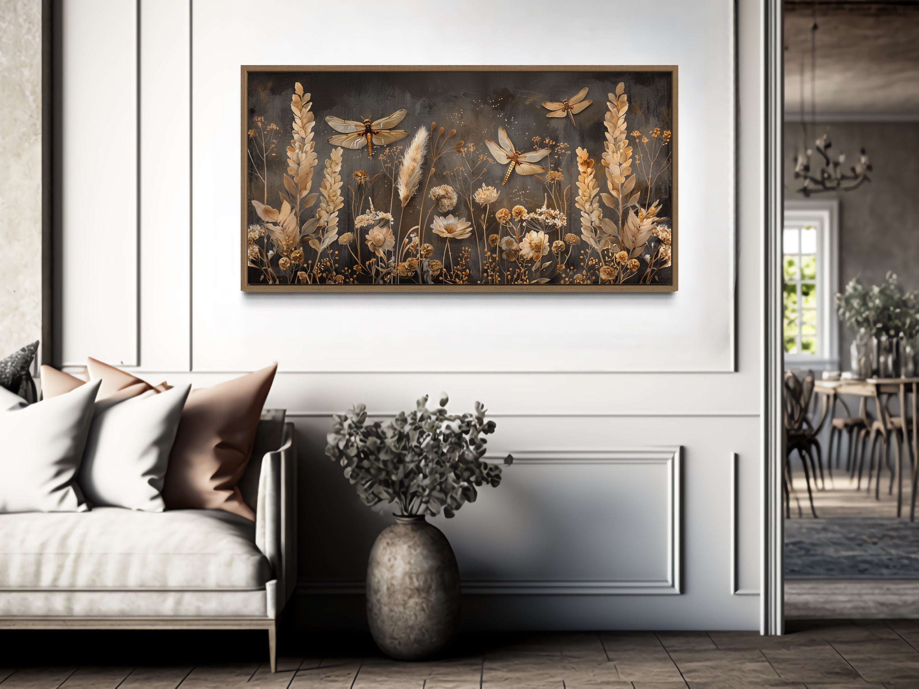 Boho Wall Art - Brown Beige Framed Canvas With Dragonfly Grass - Rustic Farmhouse Decor