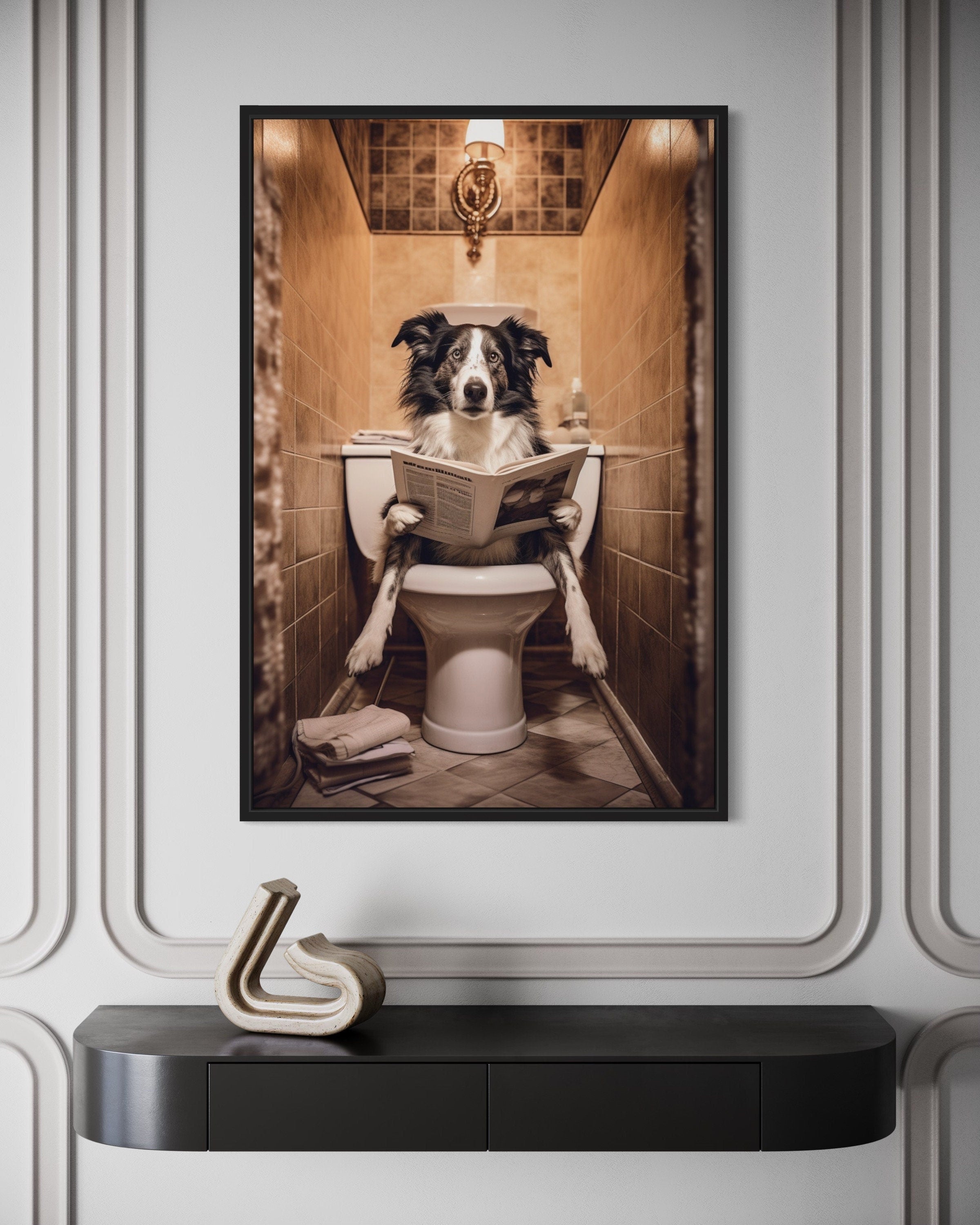 Border Collie Dog On The Toilet Reading Newspaper Picture