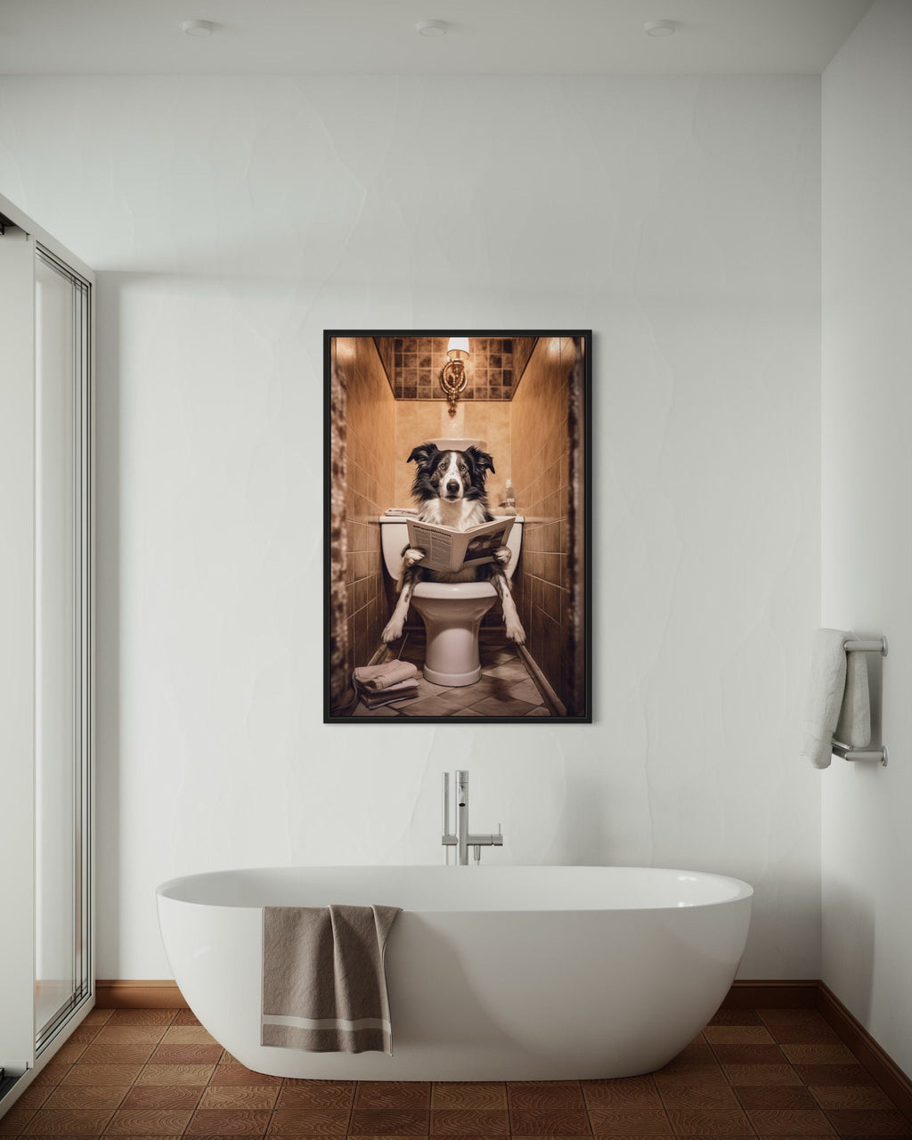 Border Collie Dog On The Toilet Reading Newspaper Picture