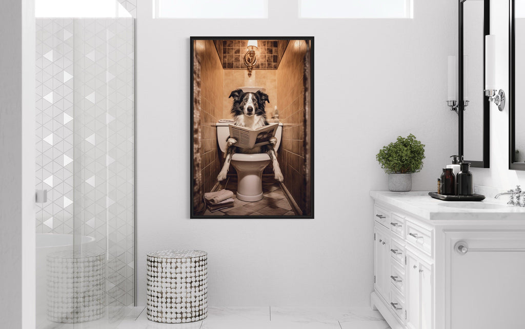 Border Collie Dog On The Toilet Reading Newspaper Picture