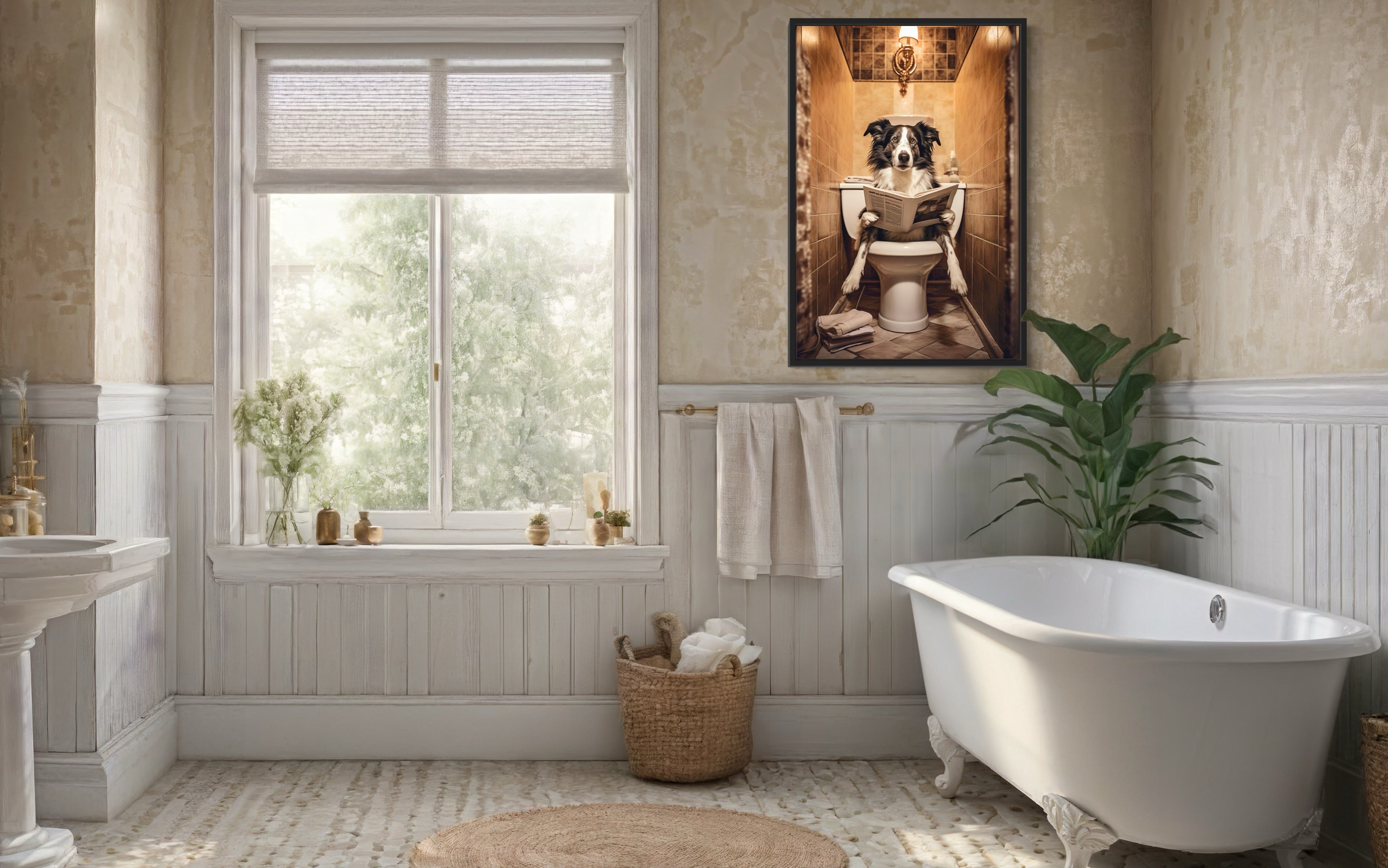 Border Collie Dog On The Toilet Reading Newspaper Picture
