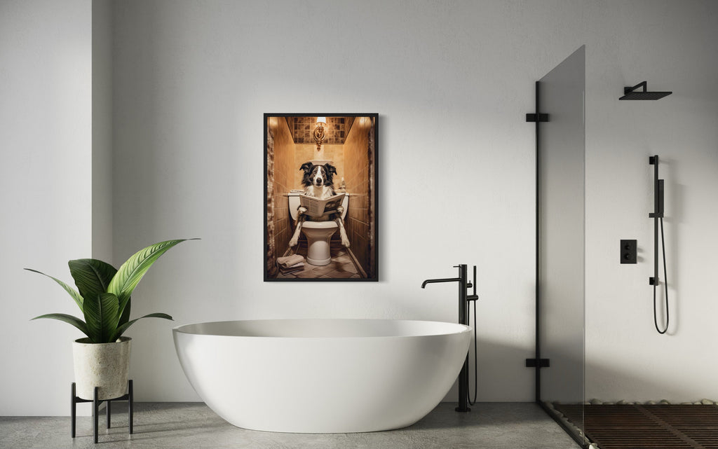 Border Collie Dog On The Toilet Reading Newspaper Picture