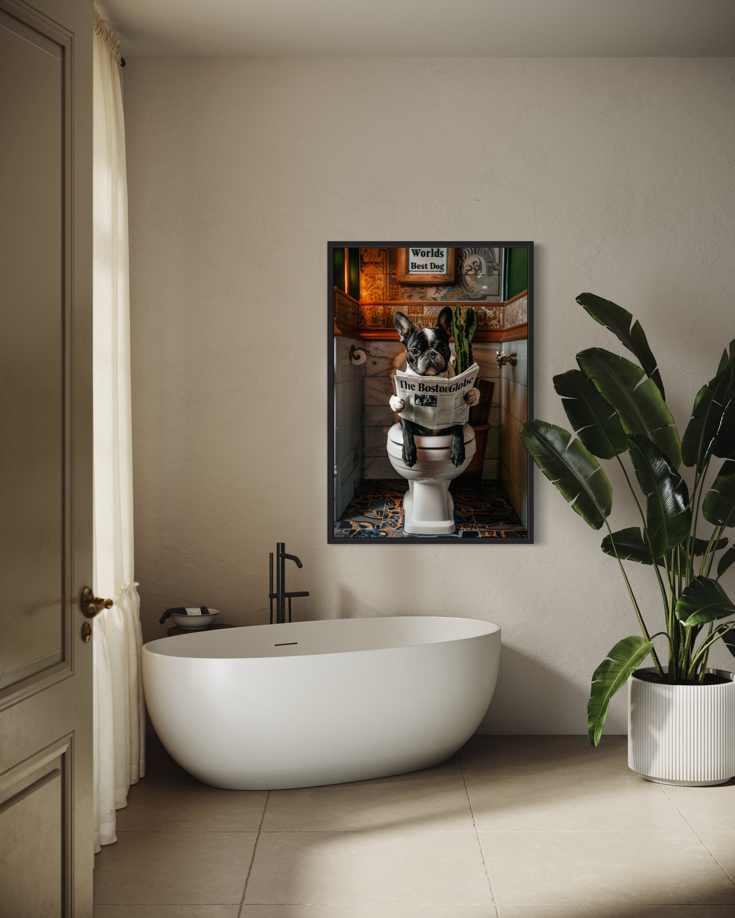Boston Terrier On Toilet Reading Newspaper Picture