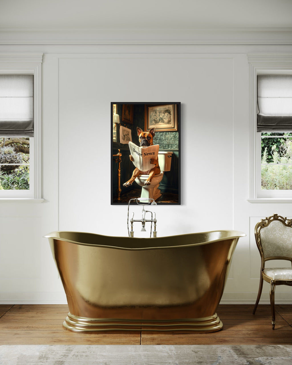 Boxer Dog On The Toilet Reading Newspaper Picture