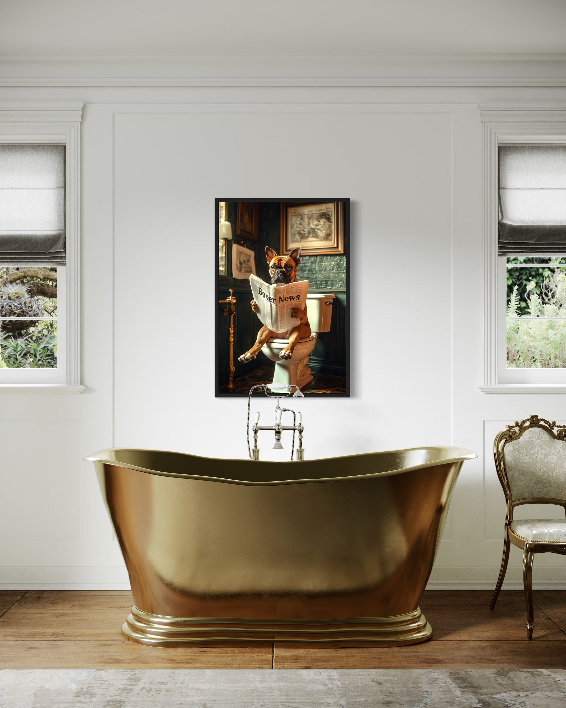 Boxer Dog On The Toilet Reading Newspaper Picture