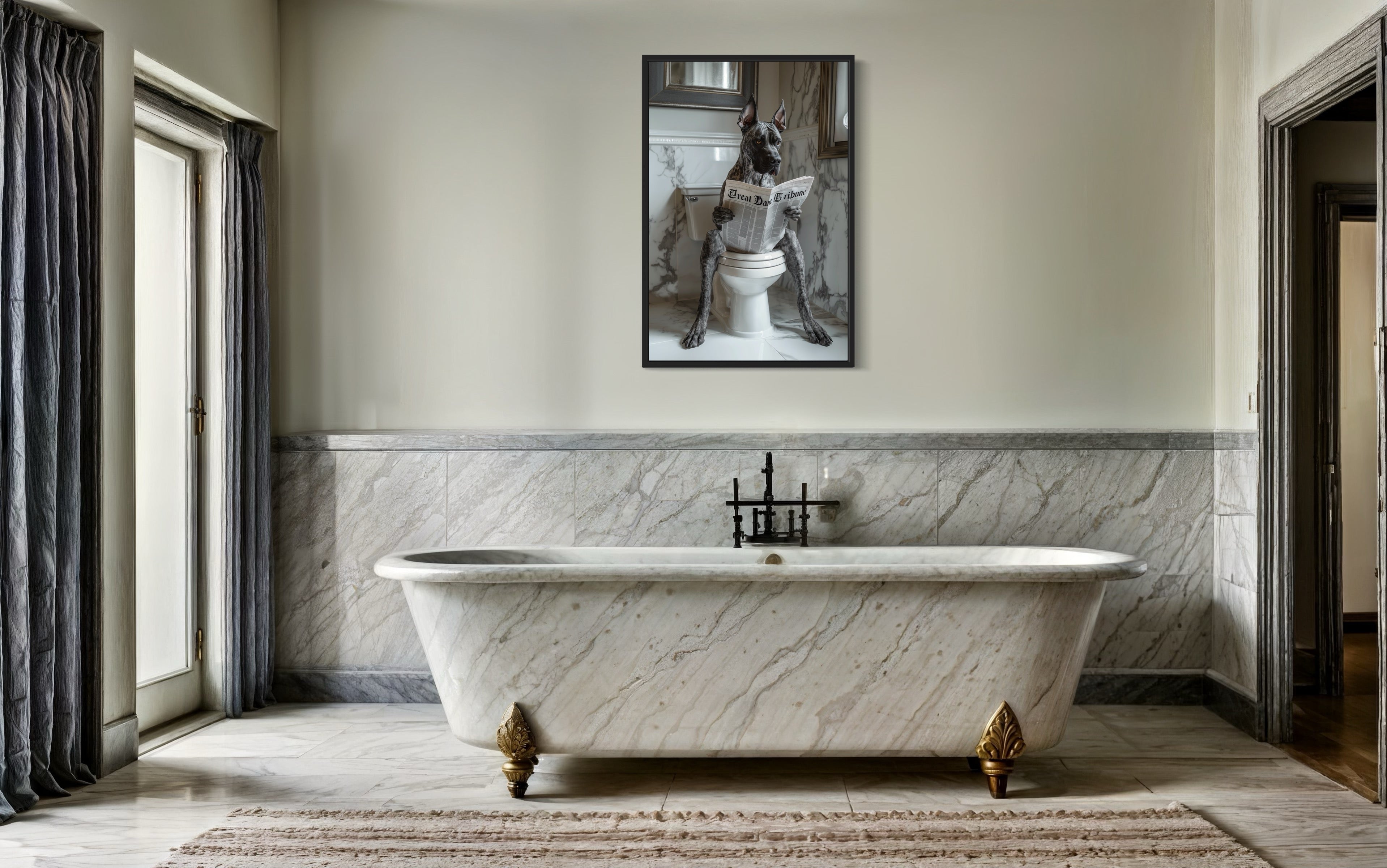 Brindle Great Dane On The Toilet Reading Newspaper Picture