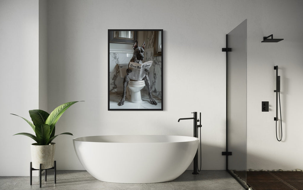 Brindle Great Dane On The Toilet Reading Newspaper Picture