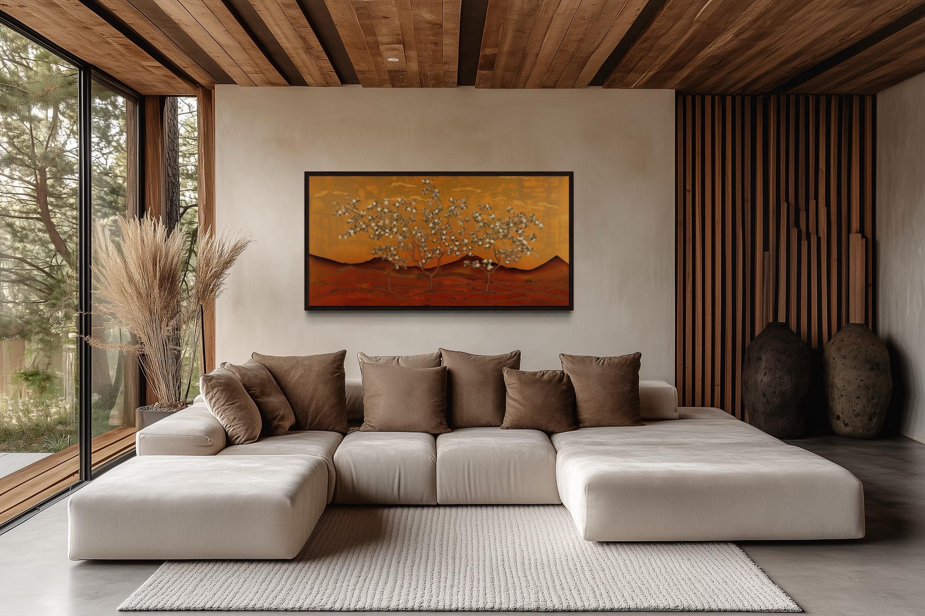 Brown And Orange Landscape With Blossoming Trees Framed Canvas Wall Art