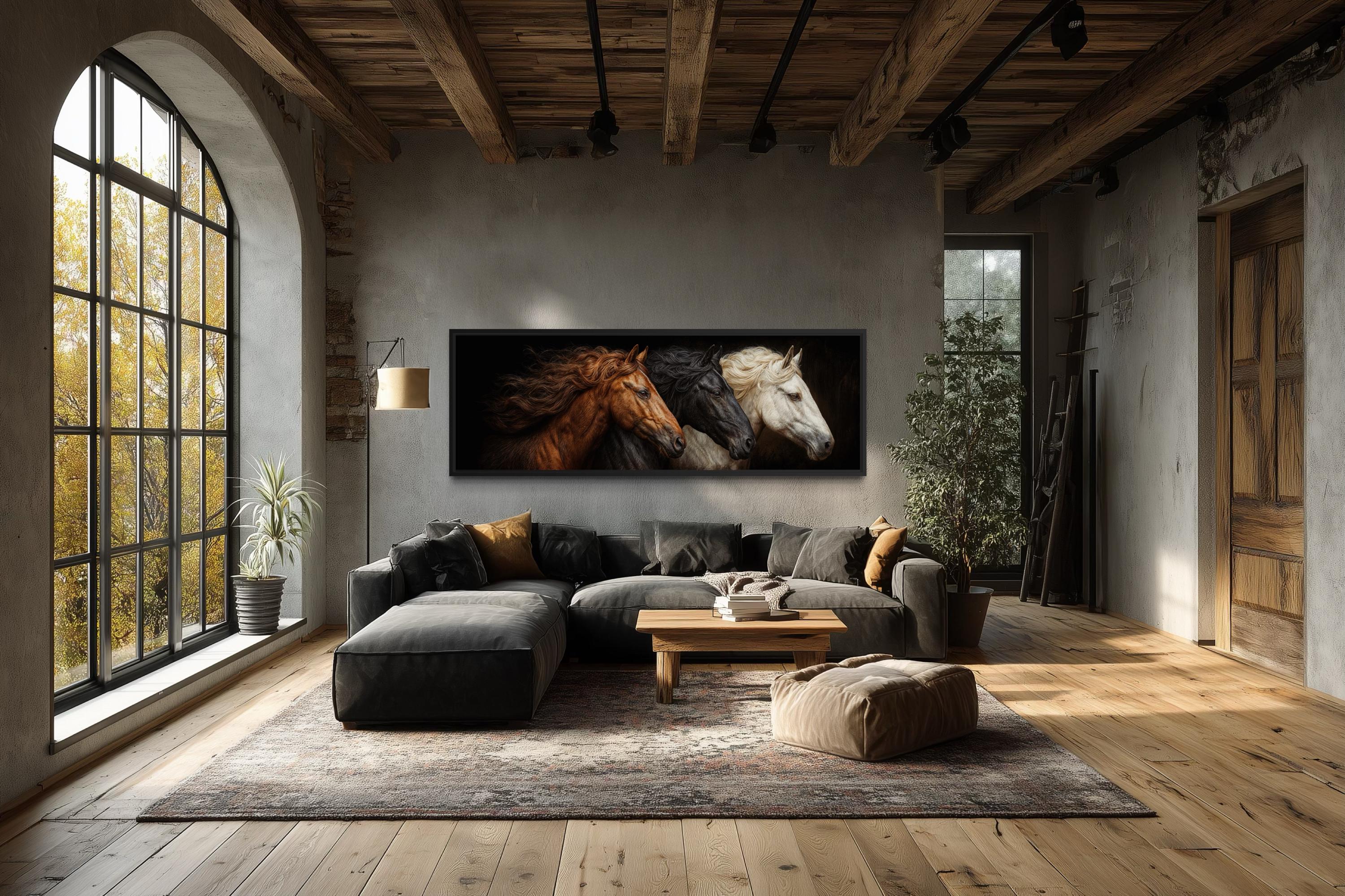 Brown Black White Three  Horses Portrait Large Horizontal Wall Art