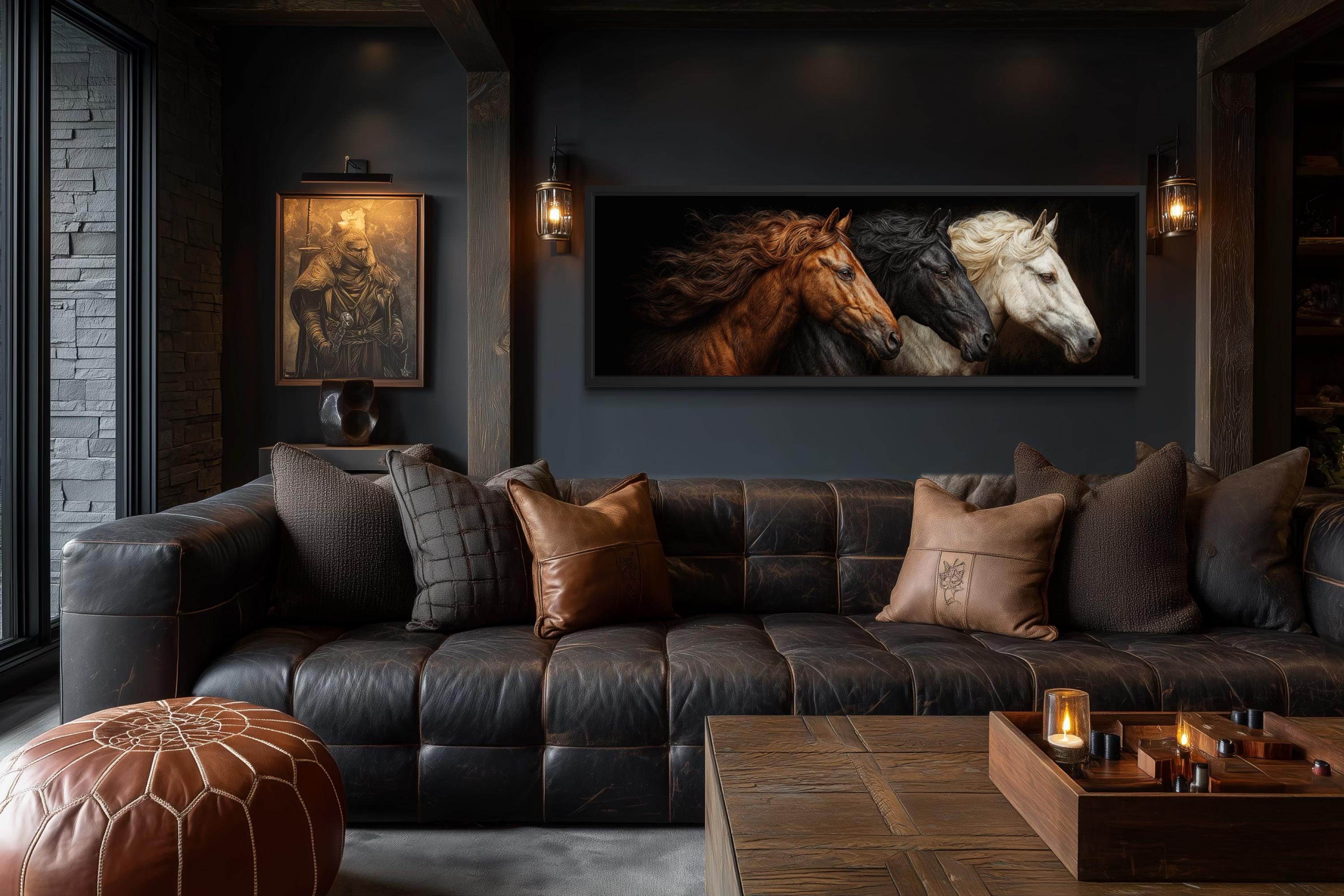 Brown Black White Three  Horses Portrait Large Horizontal Wall Art