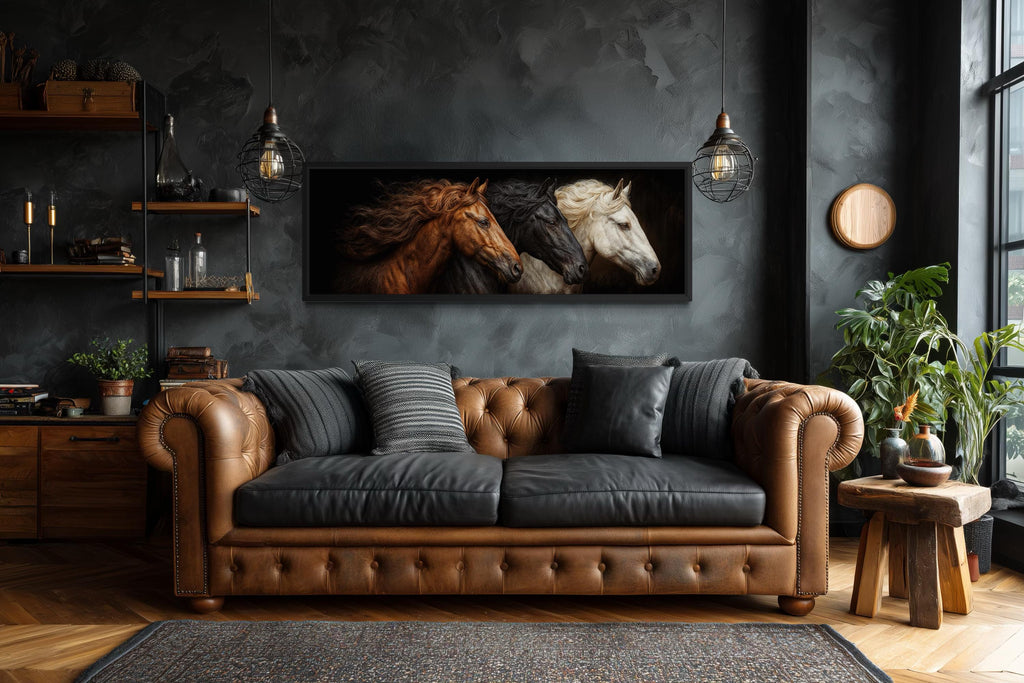 Brown Black White Three  Horses Portrait Large Horizontal Wall Art