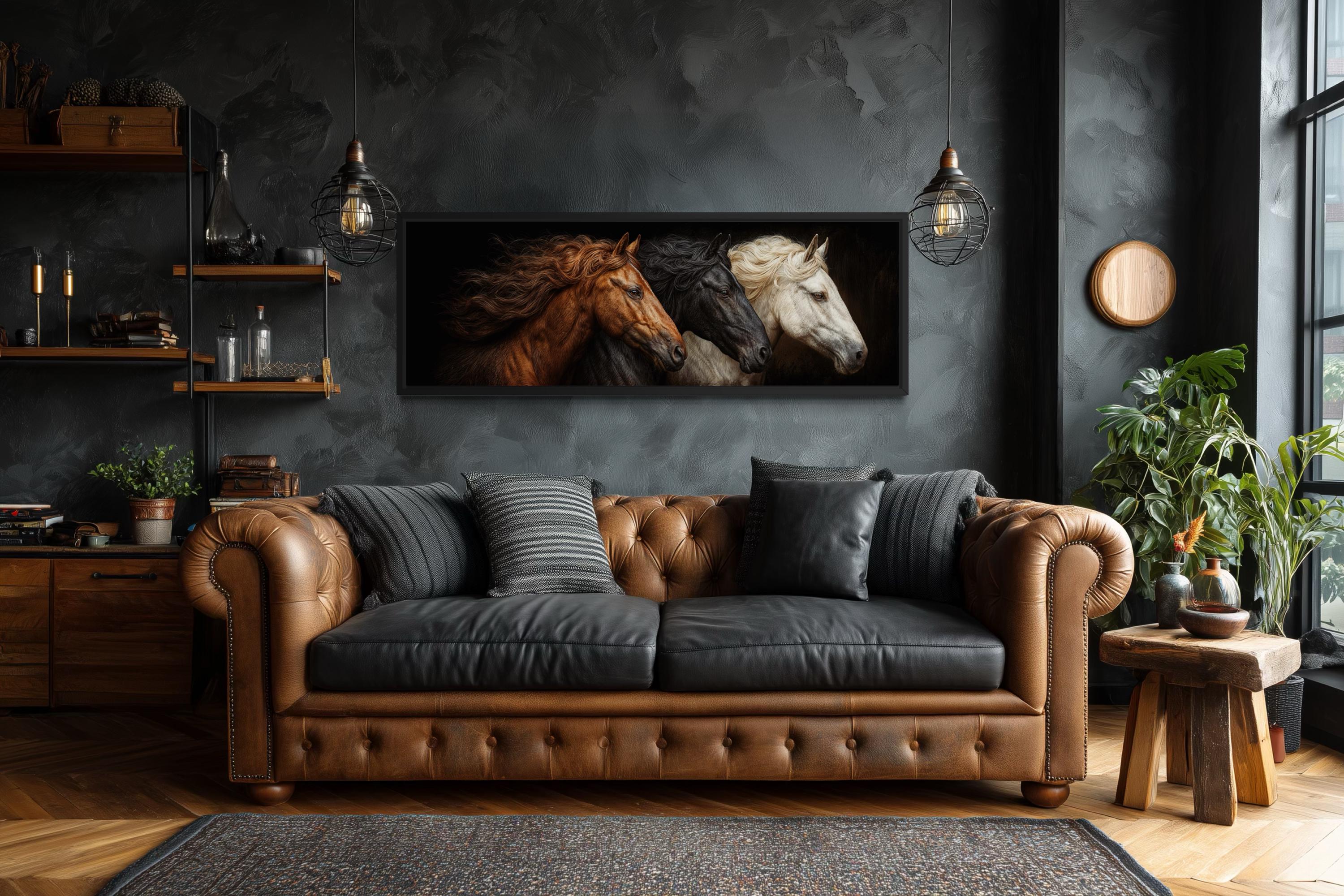 Brown Black White Three  Horses Portrait Large Horizontal Wall Art