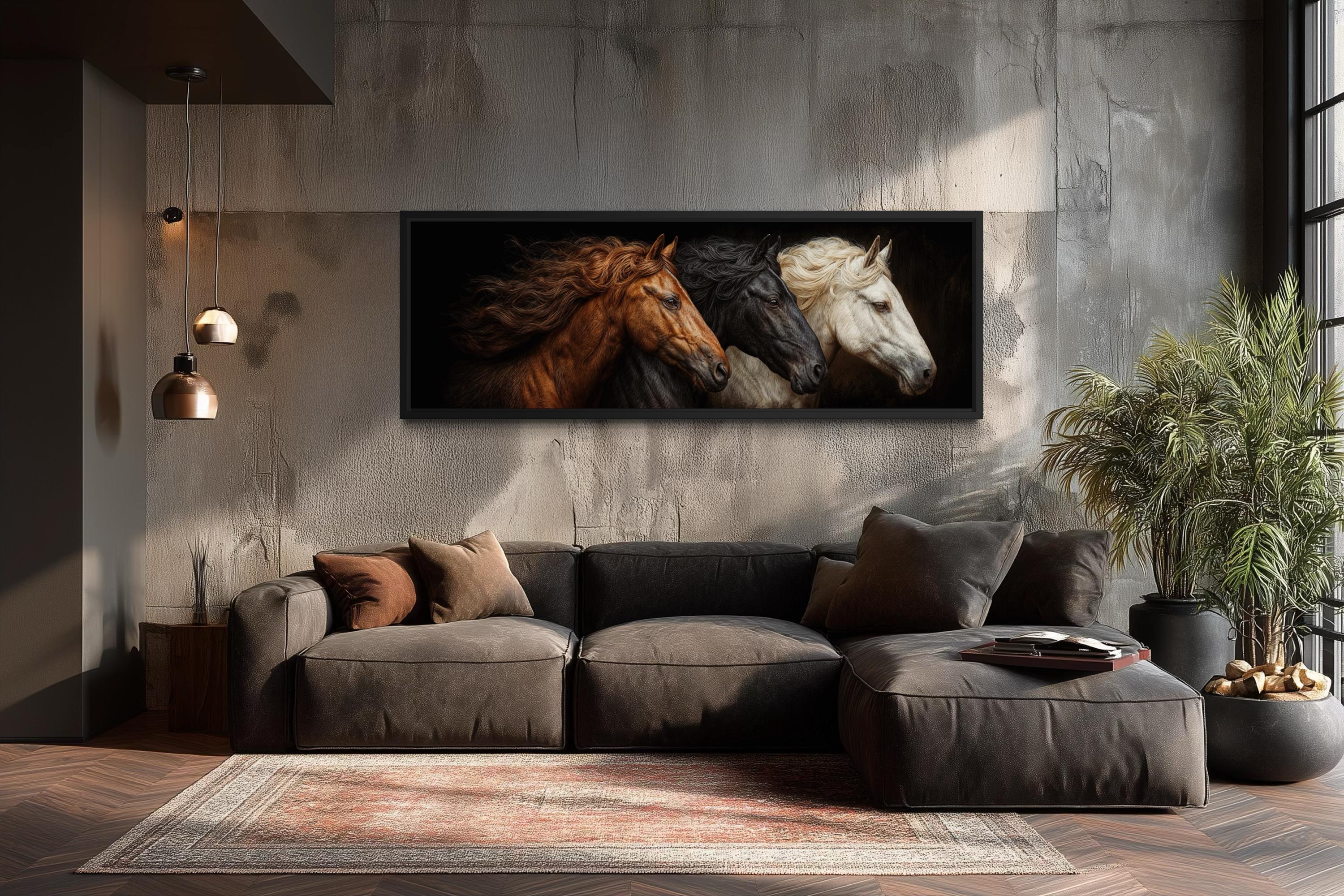 Brown Black White Three  Horses Portrait Large Horizontal Wall Art