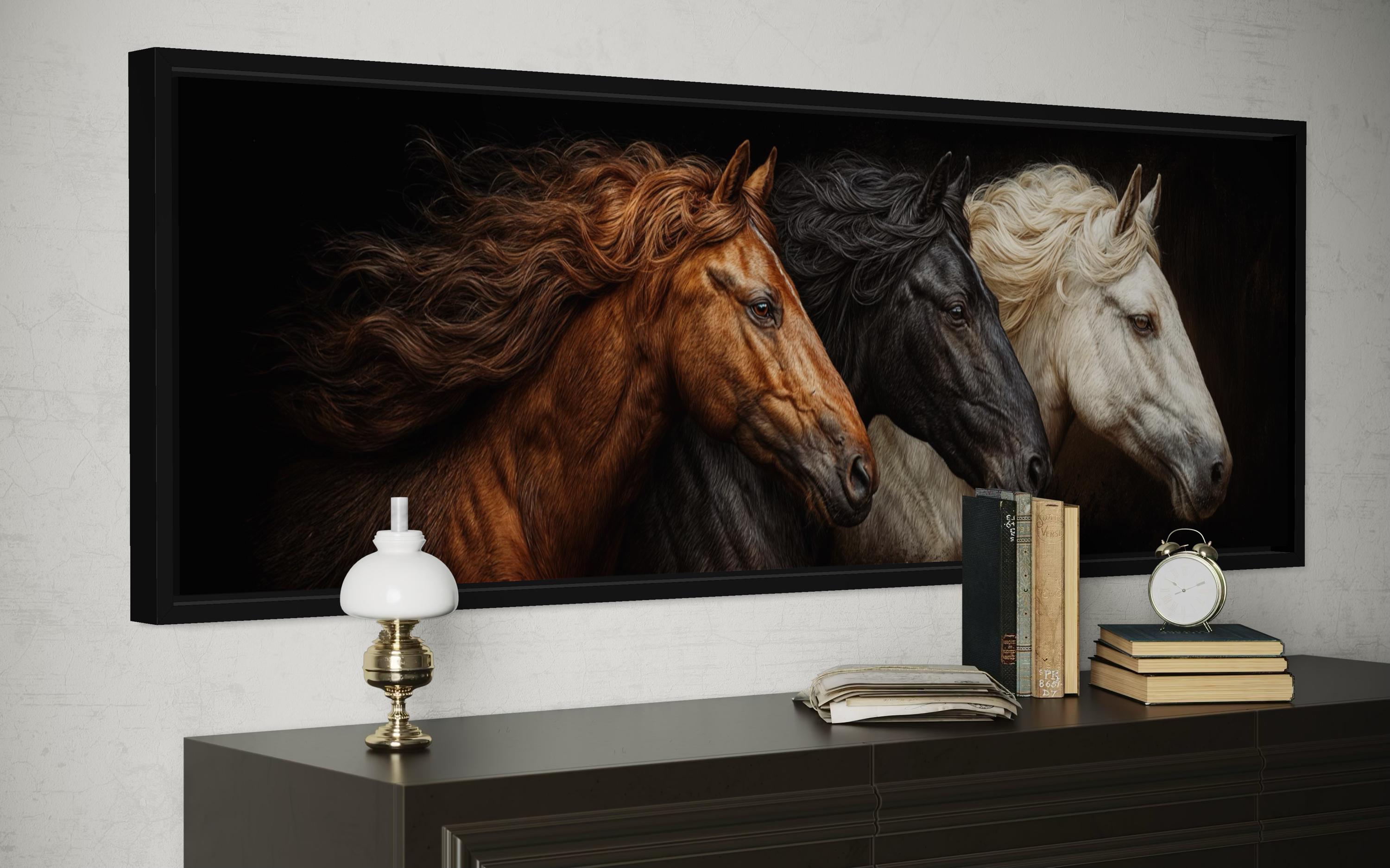 Brown Black White Three  Horses Portrait Large Horizontal Wall Art