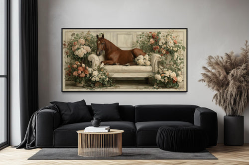 Brown Horse On Couch Floral Canvas Wall Art