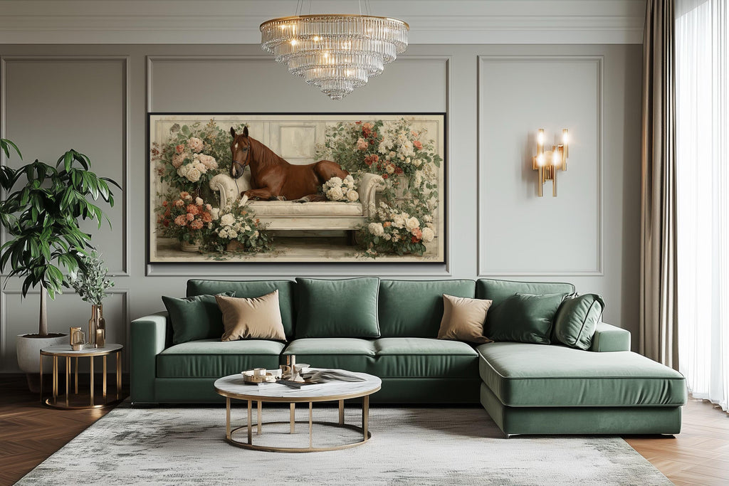 Brown Horse On Couch Floral Canvas Wall Art