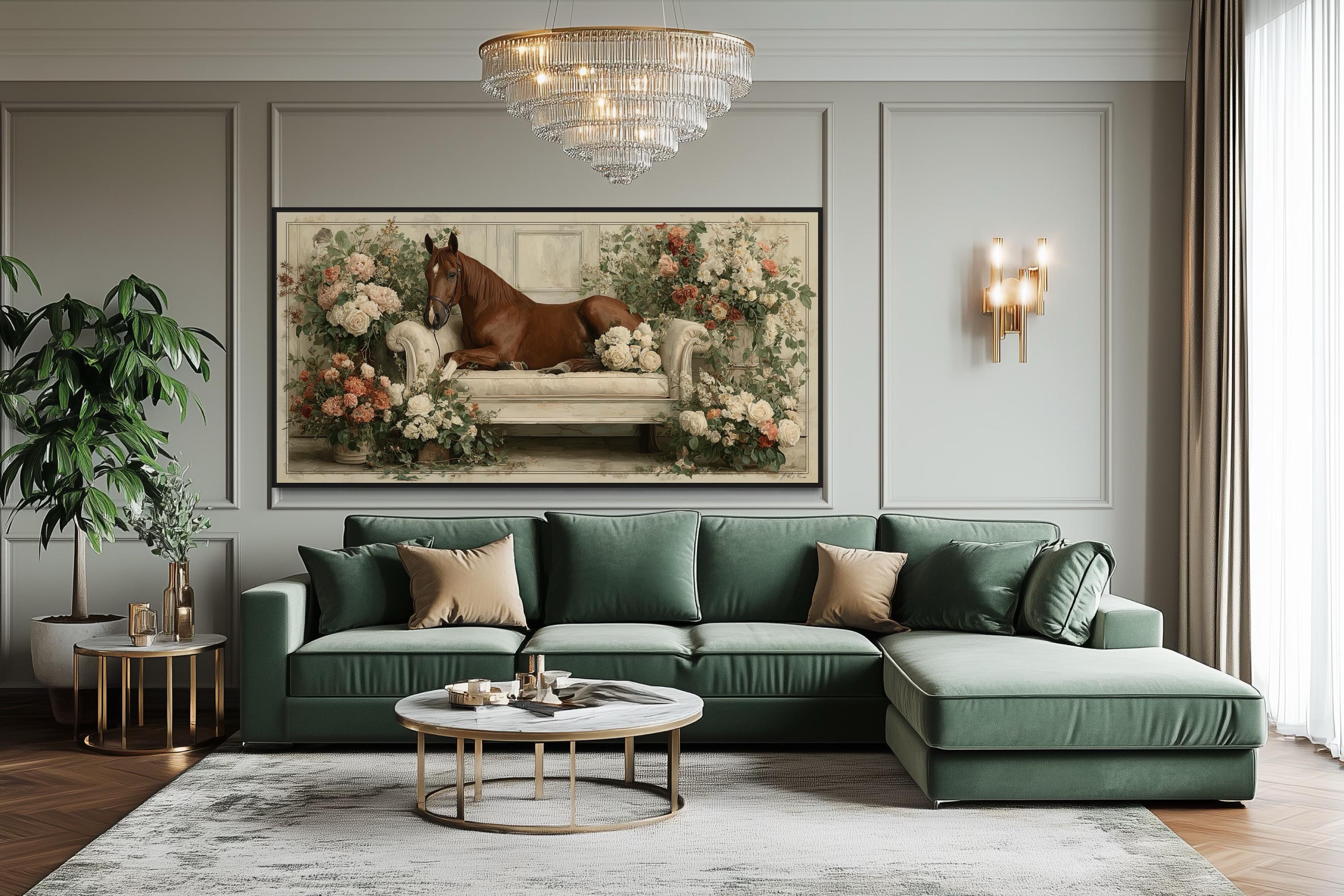 Brown Horse On Couch Floral Canvas Wall Art