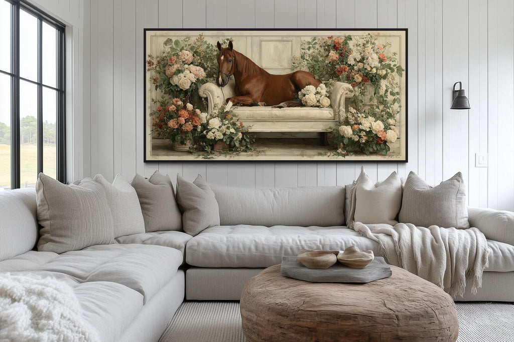Brown Horse On Couch Floral Canvas Wall Art