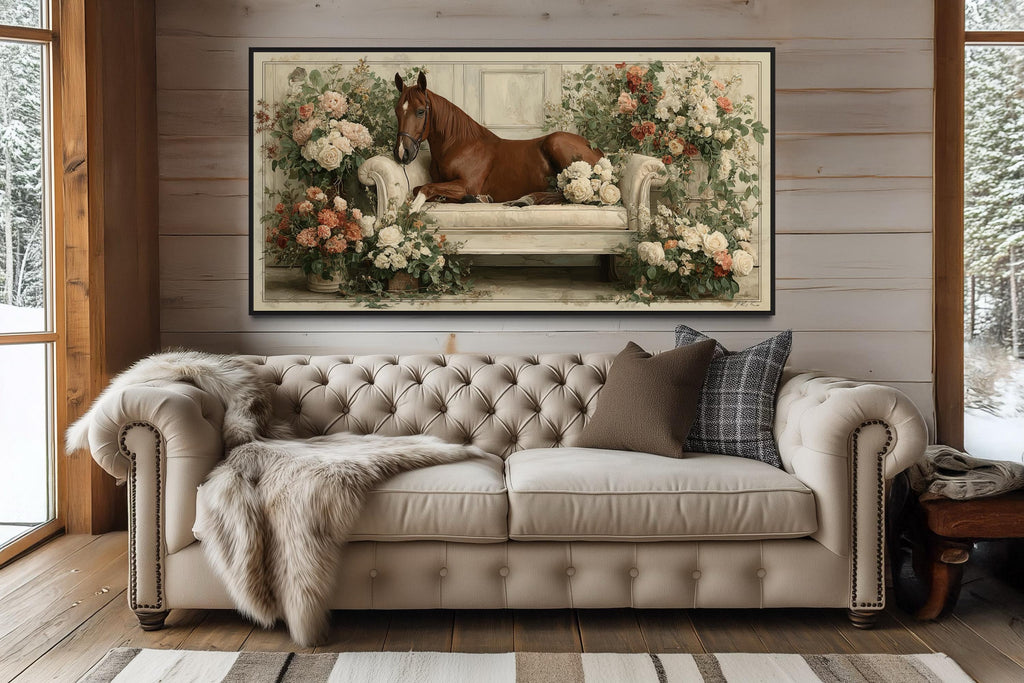 Brown Horse On Couch Floral Canvas Wall Art