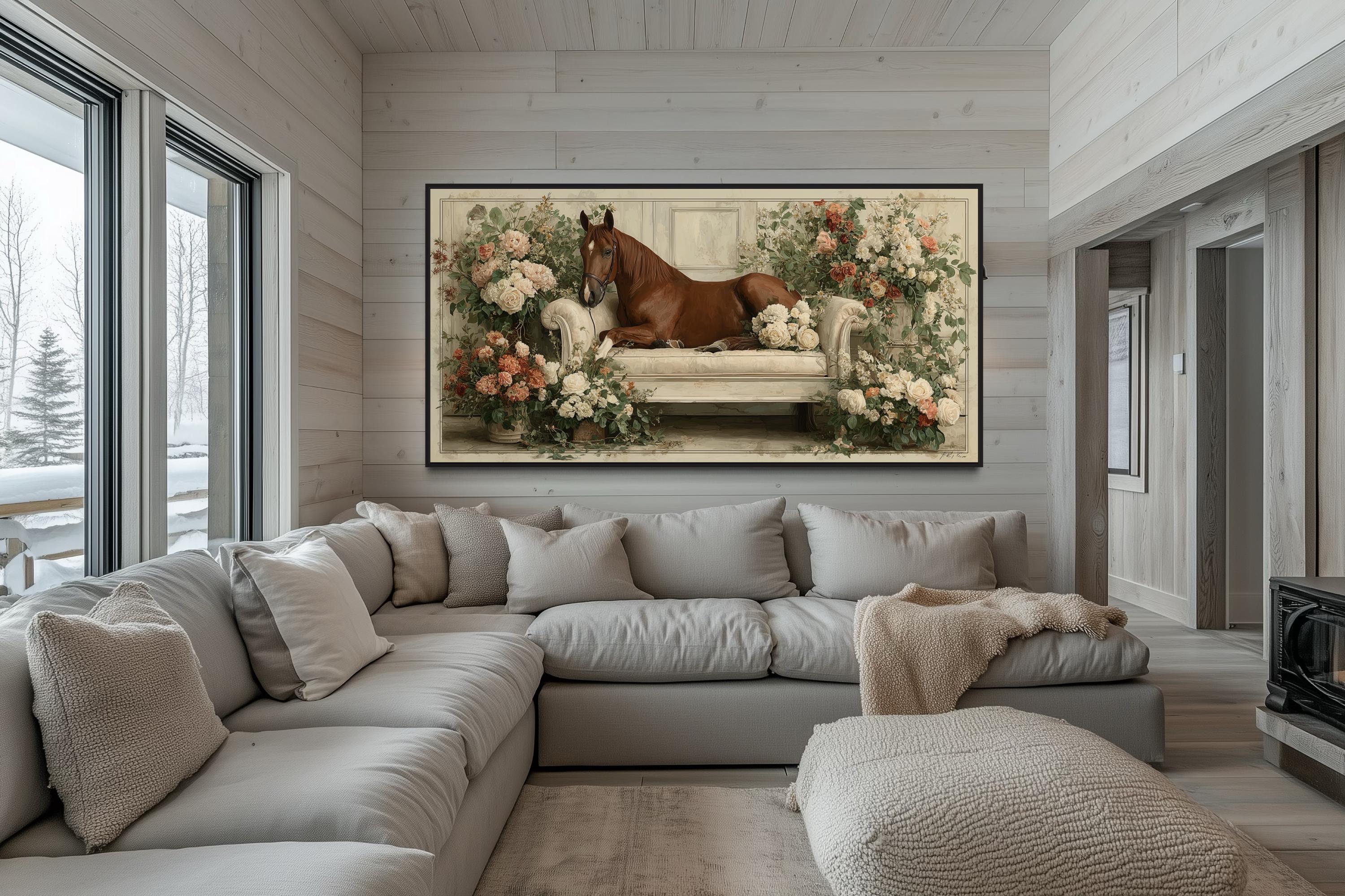 Brown Horse On Couch Floral Canvas Wall Art