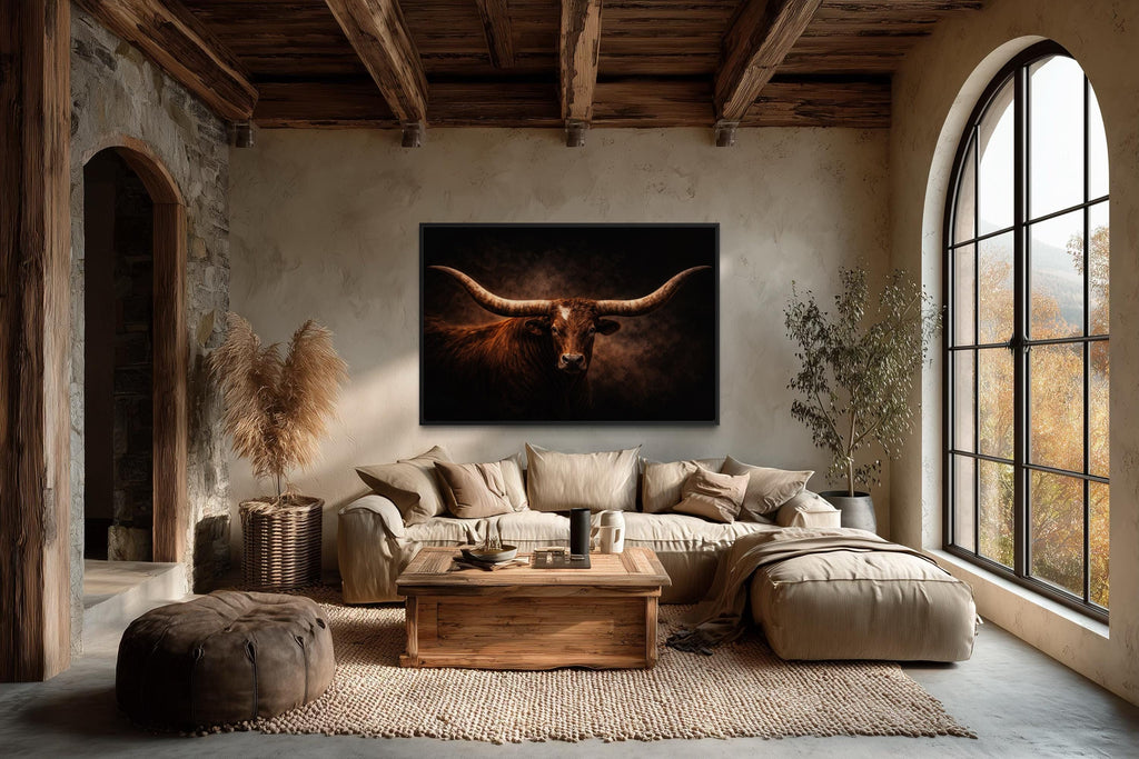 Brown Longhorn Bull Wall Art – Rustic Western Ranch Decor | Texas Steer Canvas Print
