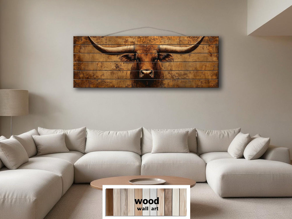 Brown Longhorn Long Narrow Distressed Wood Wall Art