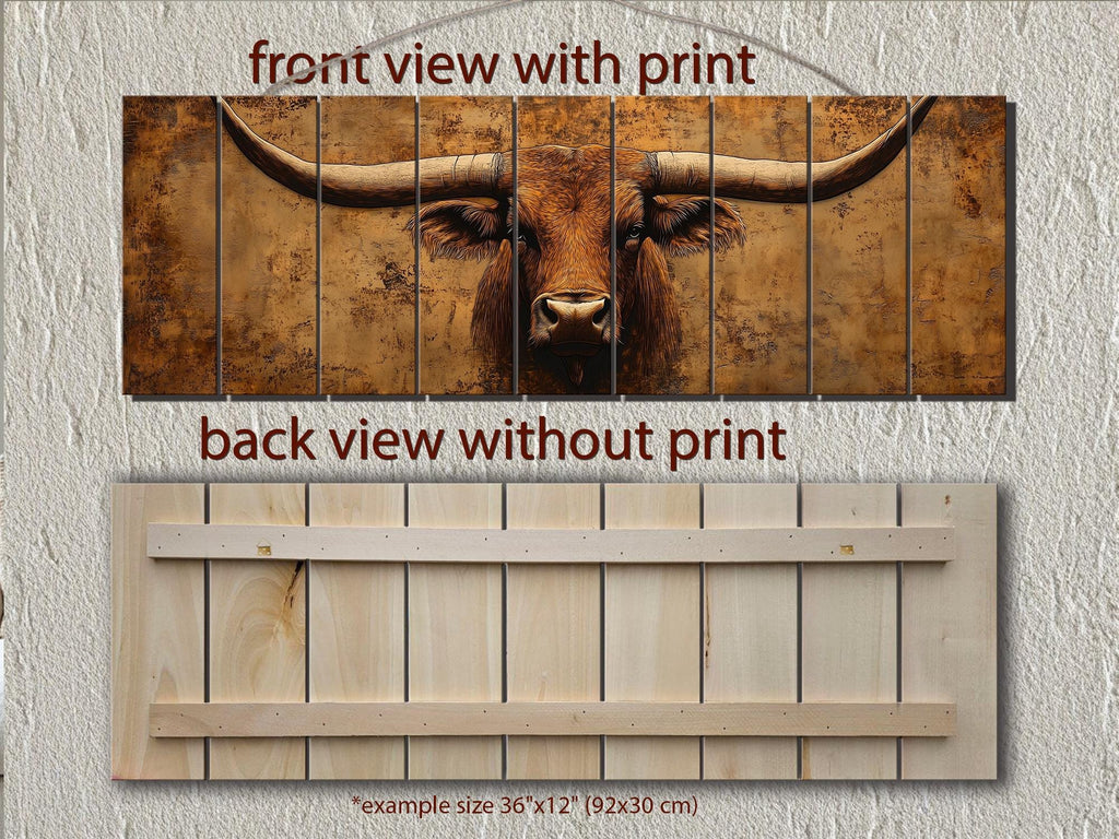 Brown Longhorn Long Narrow Distressed Wood Wall Art