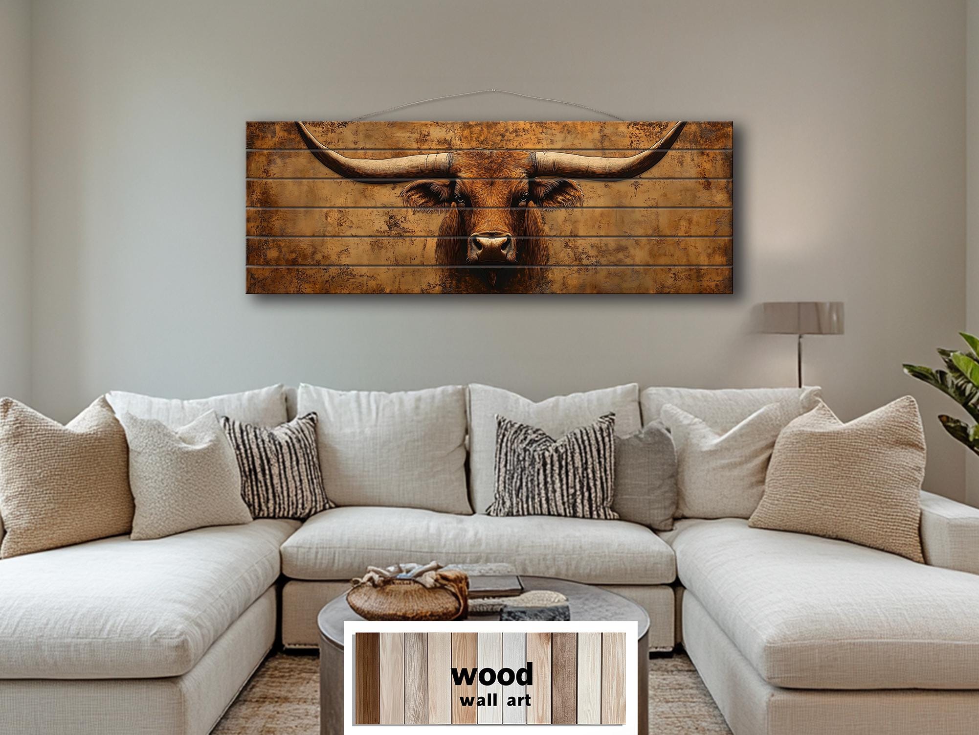 Brown Longhorn Long Narrow Distressed Wood Wall Art