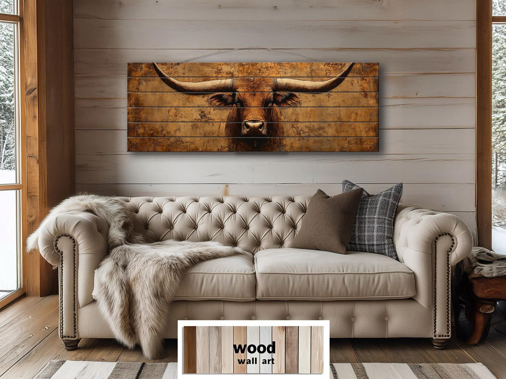 Brown Longhorn Long Narrow Distressed Wood Wall Art