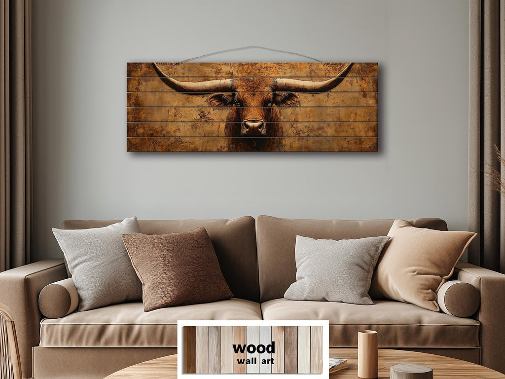 Brown Longhorn Long Narrow Distressed Wood Wall Art