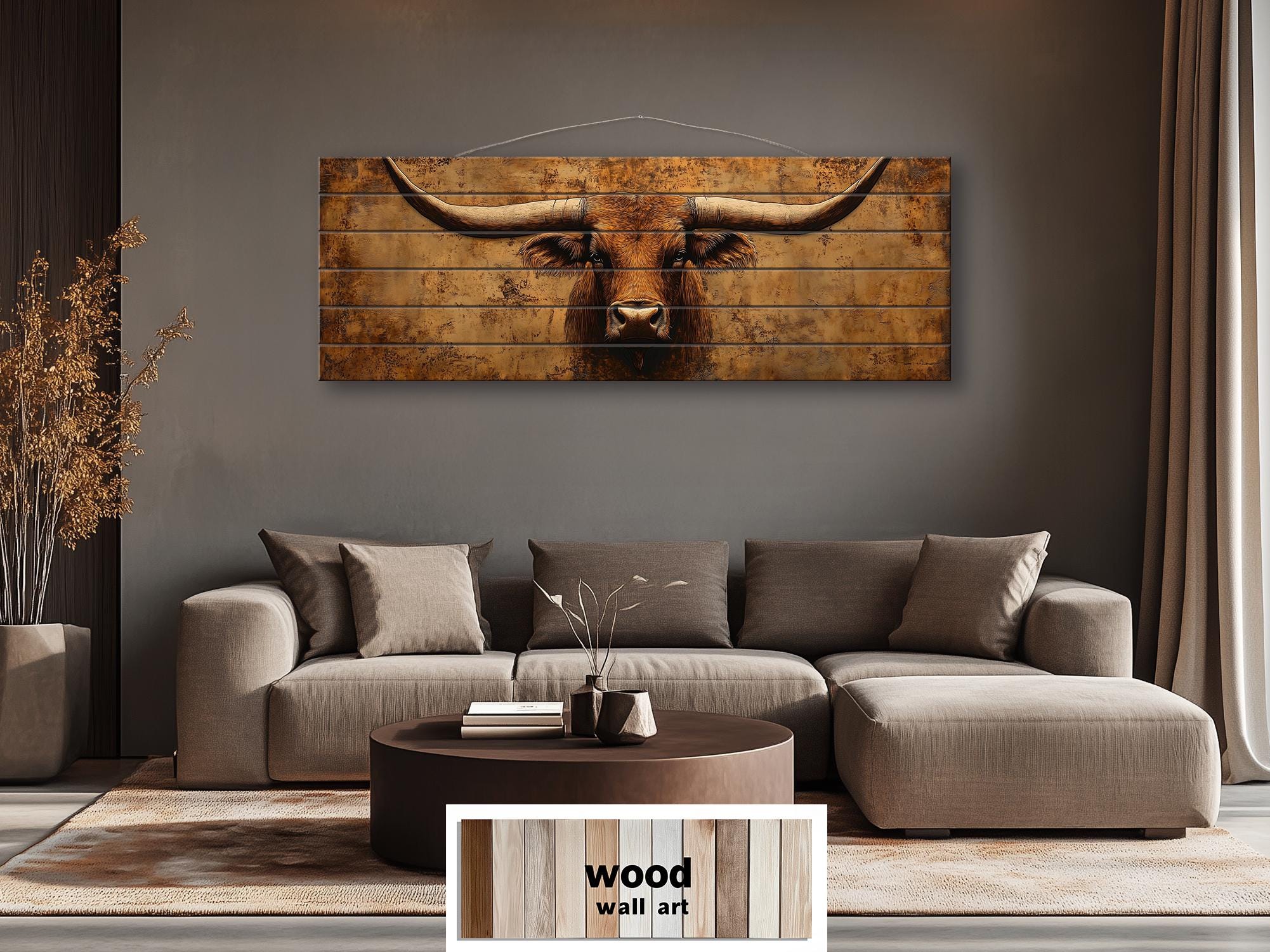 Brown Longhorn Long Narrow Distressed Wood Wall Art