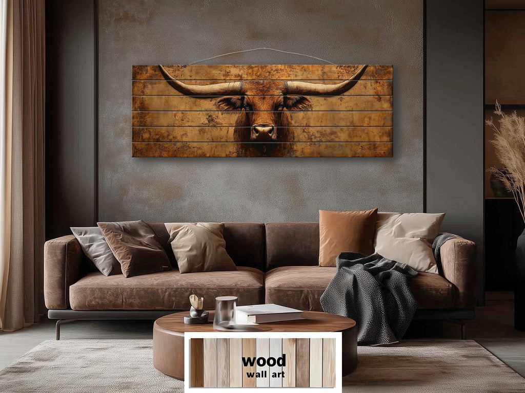 Brown Longhorn Long Narrow Distressed Wood Wall Art
