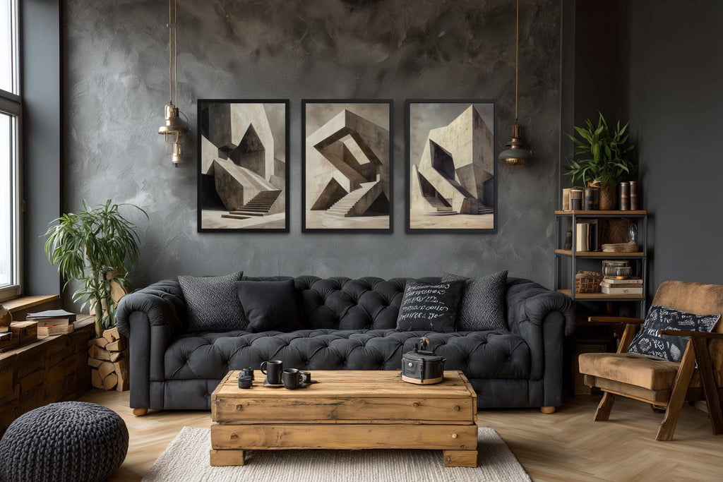Brutalist Wall Art - Geometric Canvas Set of 3 | Modern Abstract Real Estate Office Decor