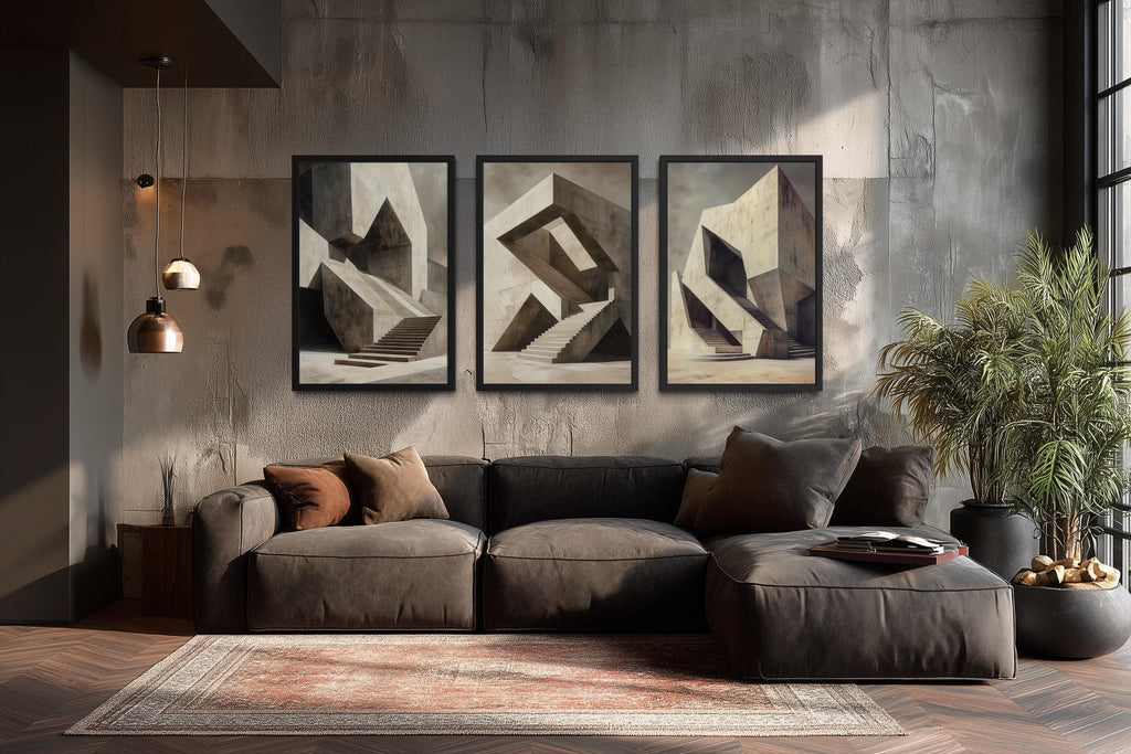 Brutalist Wall Art - Geometric Canvas Set of 3 | Modern Abstract Real Estate Office Decor
