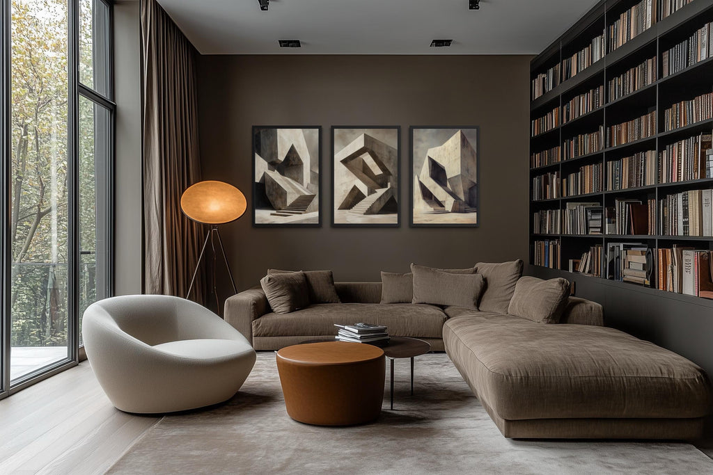 Brutalist Wall Art - Geometric Canvas Set of 3 | Modern Abstract Real Estate Office Decor