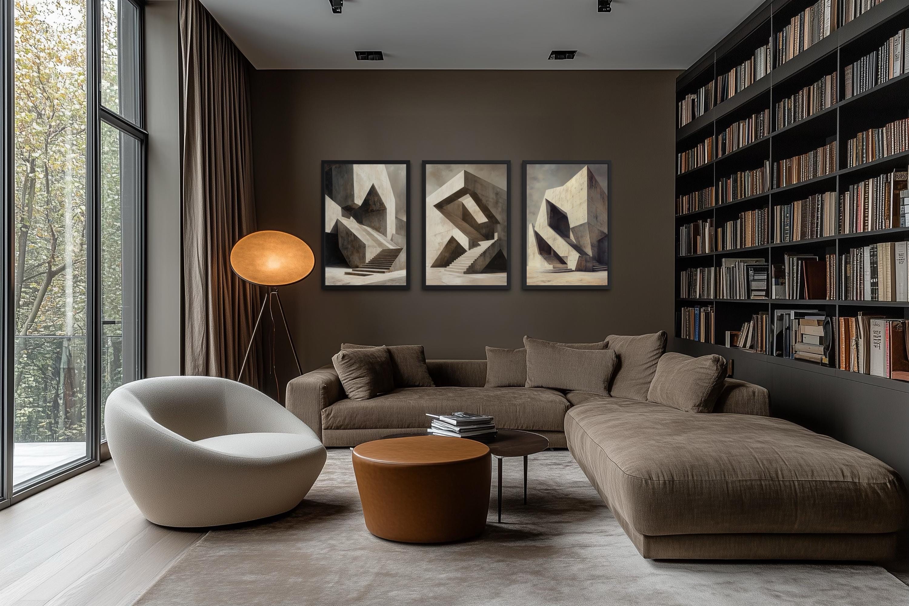 Brutalist Wall Art - Geometric Canvas Set of 3 | Modern Abstract Real Estate Office Decor
