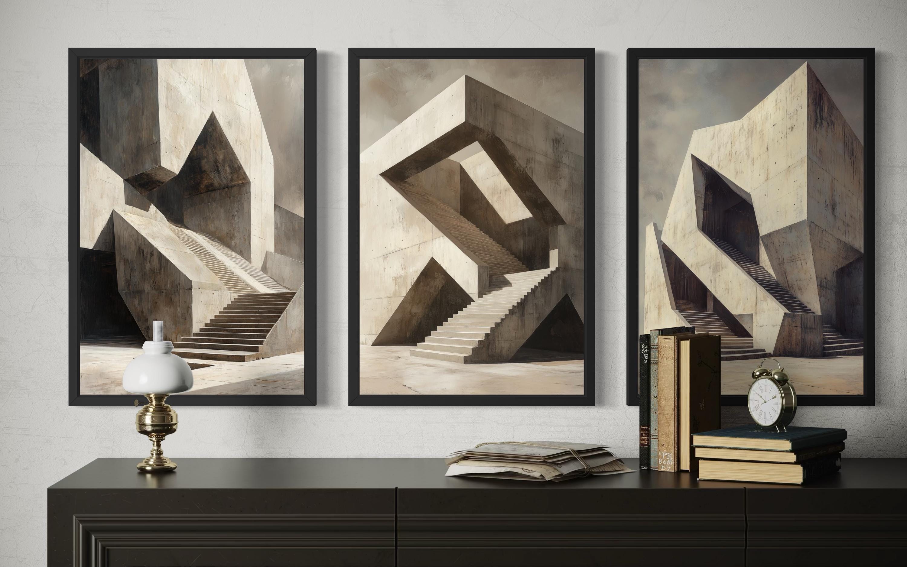 Brutalist Wall Art - Geometric Canvas Set of 3 | Modern Abstract Real Estate Office Decor